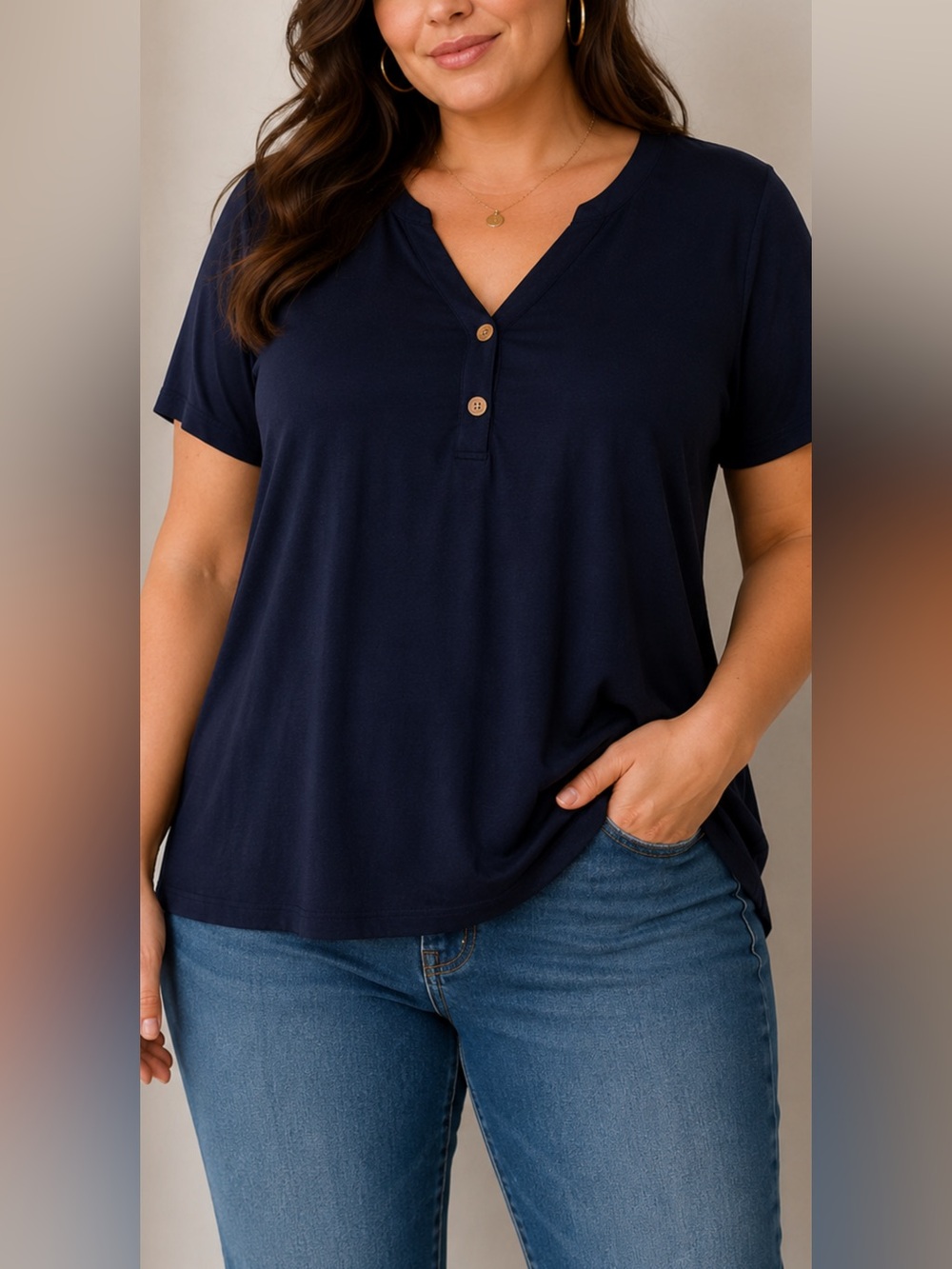 BISHUIGE Womens 2XL Navy Henley T Shirt Short Sleeve Stretch NWT